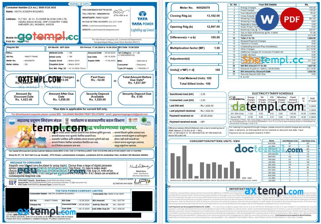 India Mumbai Tata Power electricity utility bill in Word and PDF format