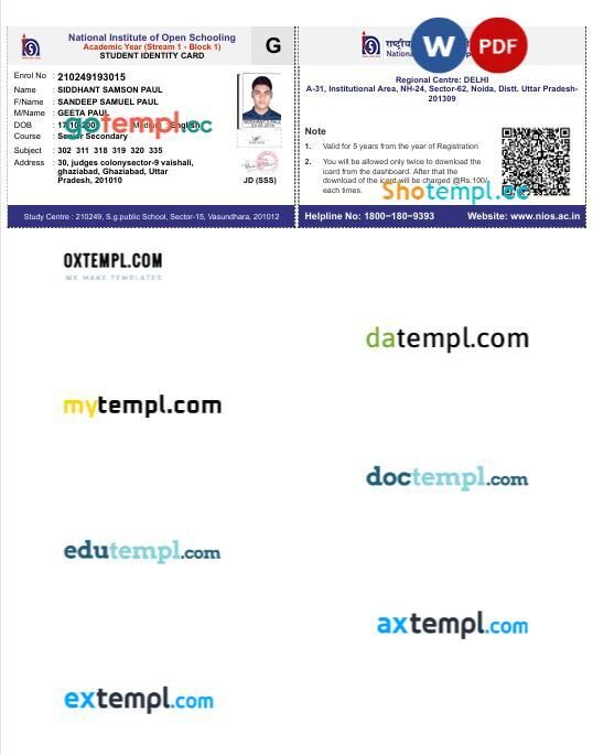 India National Institute of Open Schooling Student ID template in PSD format