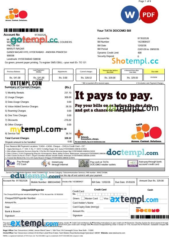 India Tata Docomo postpaid mobile utility bill in Word and PDF format