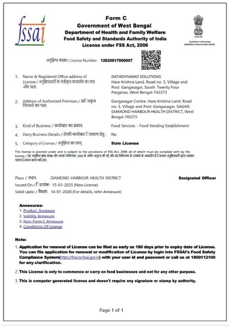 India West Bengal FSSAI state license Word and PDF template, version 2