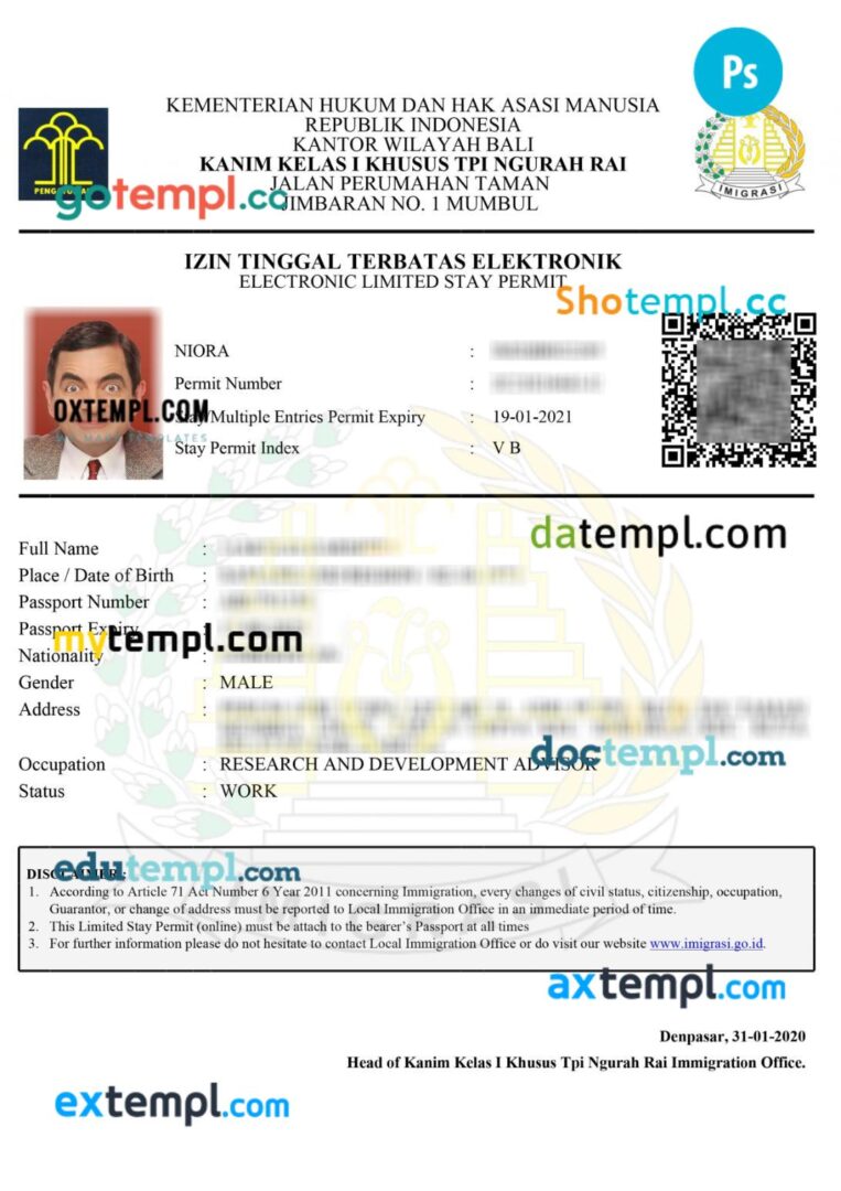 Indonesia limited stay and work permit template in PSD format