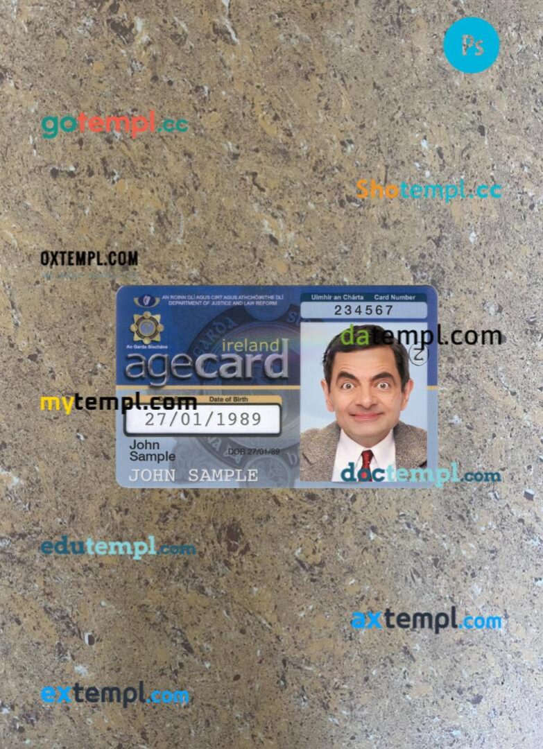 Ireland age card (proof of age) PSD files, scan and photo taken image, 2 in 1
