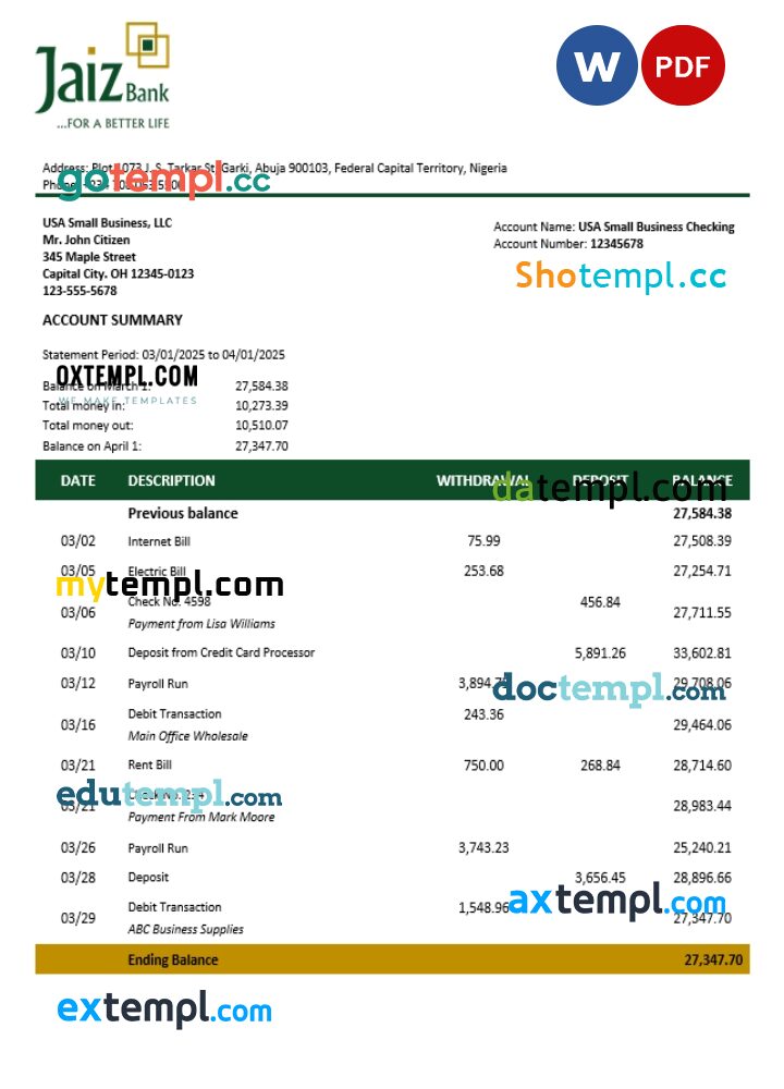 Jaiz business bank statement Word and PDF format