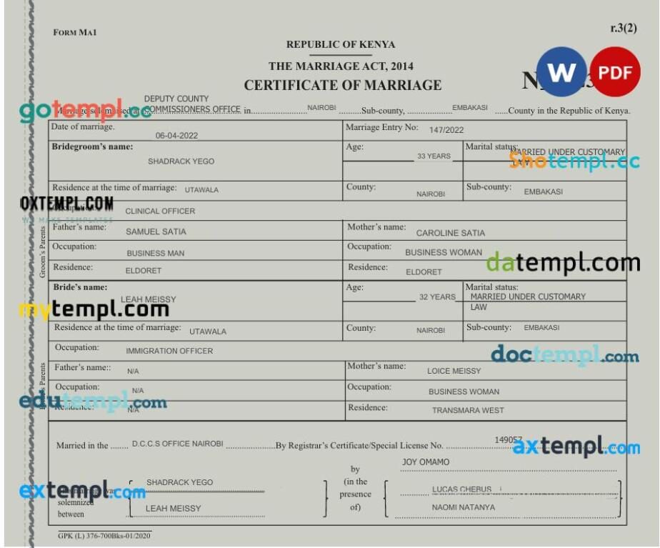 Kenya Civil Registration certificate of marriage in Word and PDF format