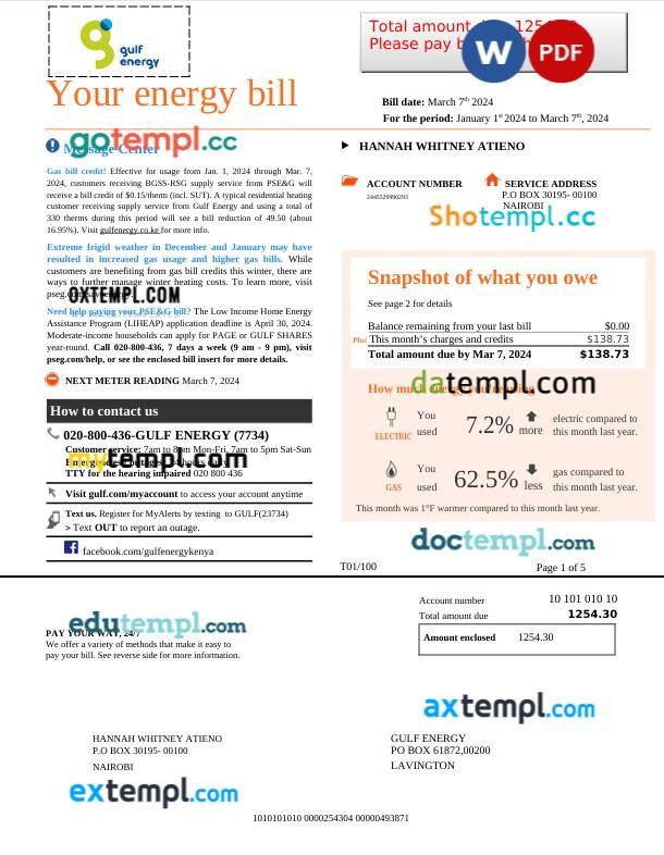 Kenya Gulf Energy gas utility bill in Word and PDF format