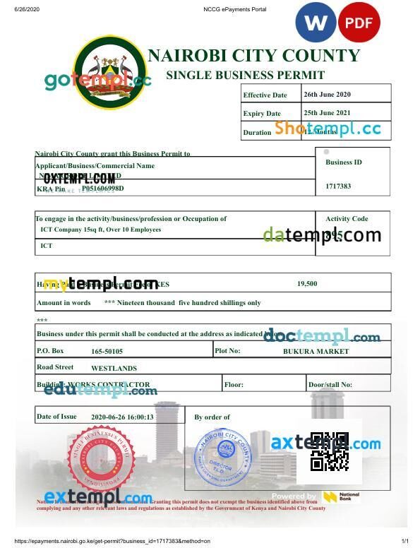 Kenya Nairobi City County Business Permit PSD template