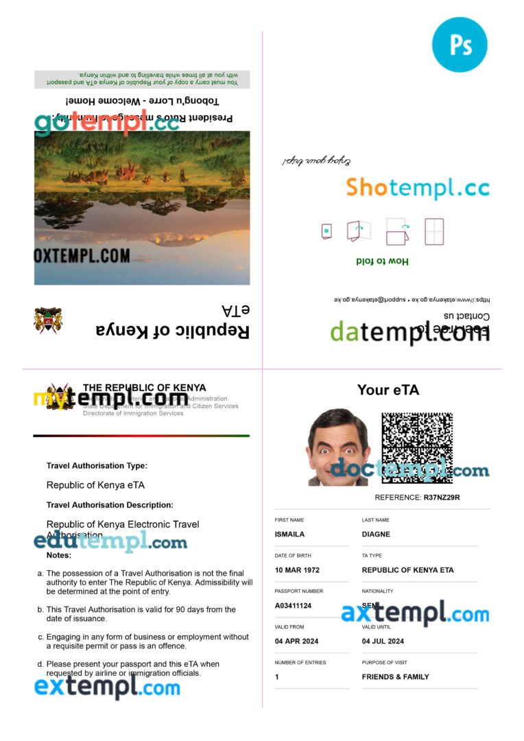 Kenya e-visa template in PSD format, 2024-present