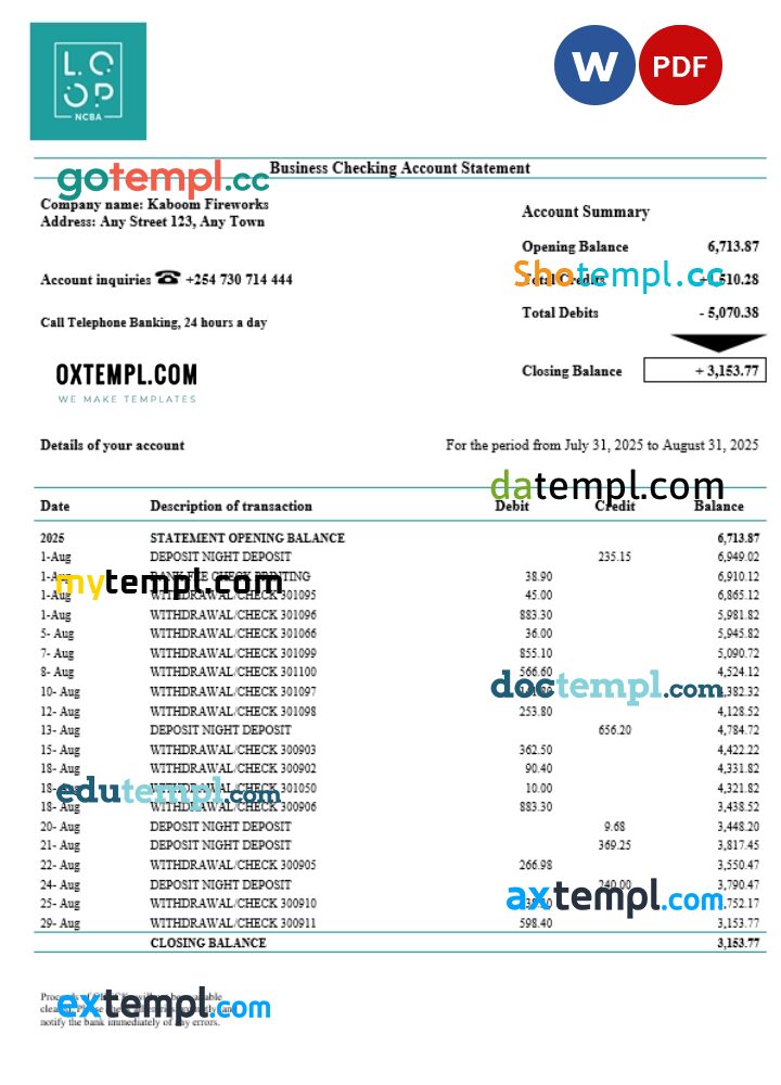 Kenyan CBA Loop business organization checking statement Word and PDF format