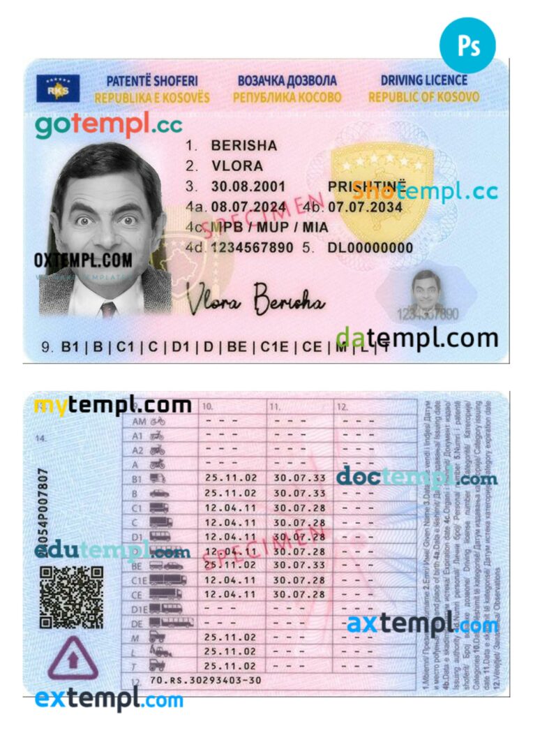 Kosovo driving license PSD editable template, 2024-present