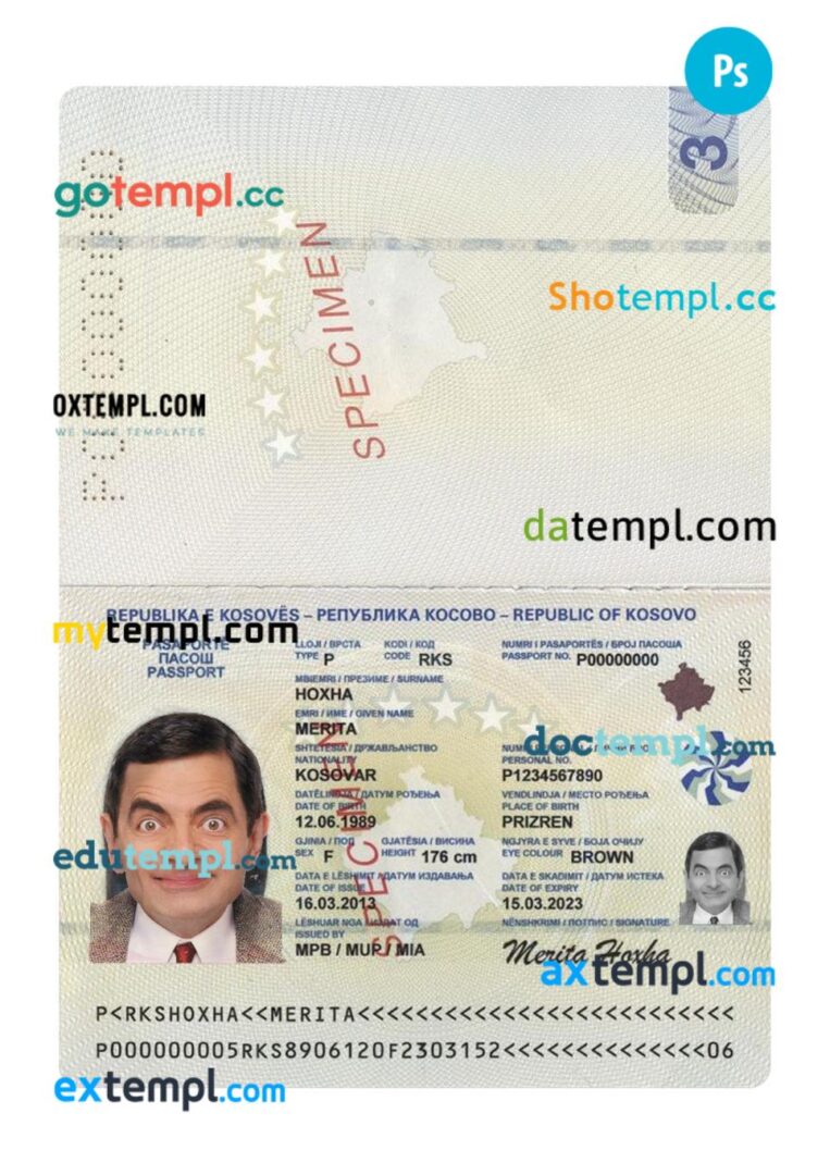 Kosovo passport PSD template, 2013-present