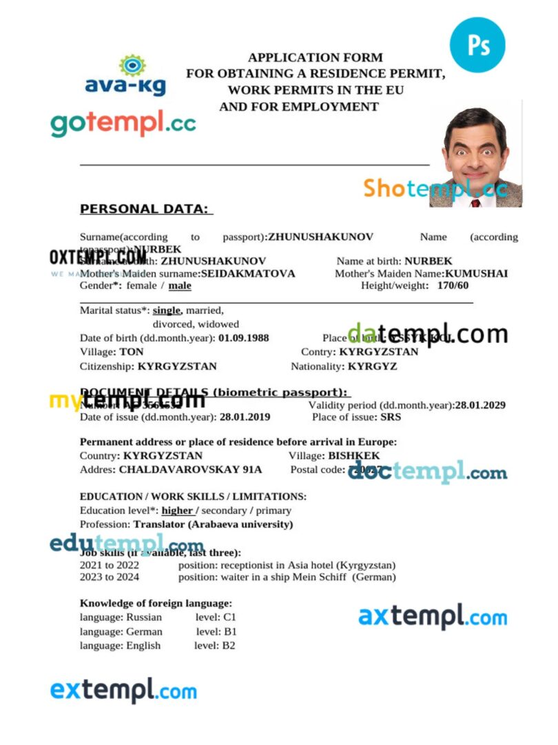 Kyrgyzstan Residence and Work Permit template in PSD format