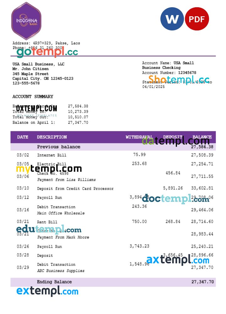Laos Indochina business account statement Word and PDF template