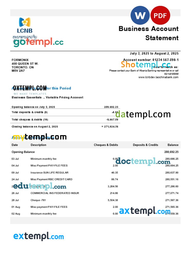 Laos LCNB company checking account statement Word and PDF template