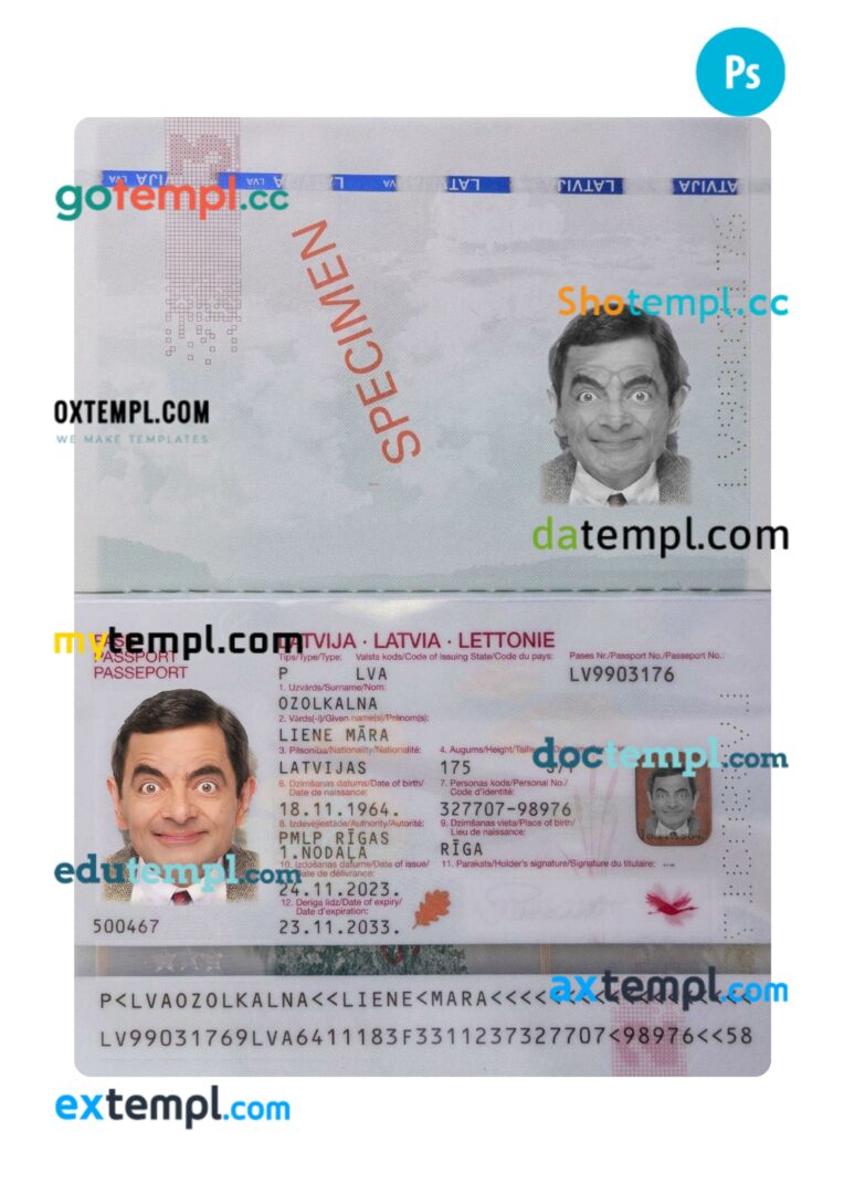 Latvia passport PSD template, 2023-present