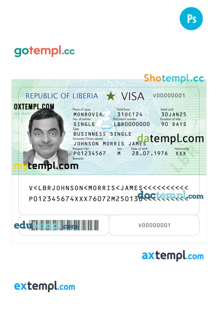 Liberia visa template in PSD format, 2024-present