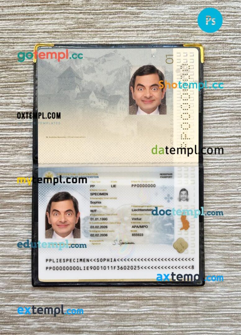 Liechtenstein passport PSD files with address page, scan and photo-realistic look, 2026-present