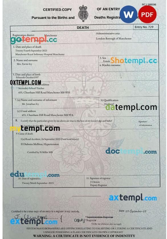 London Manchester death certificate in Word and PDF format