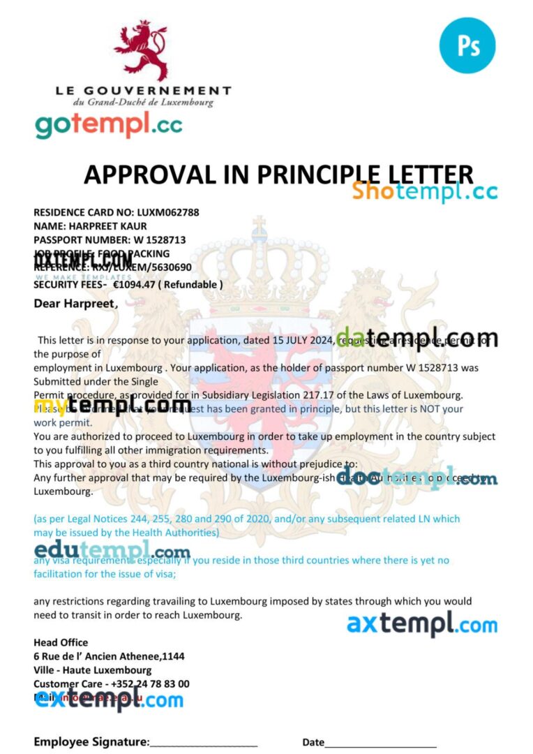 Luxembourg work permit template in PSD format, version 2
