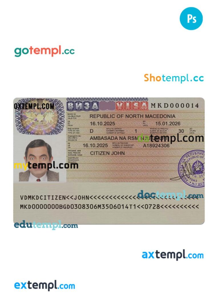 Macedonia travel visa template in PSD format