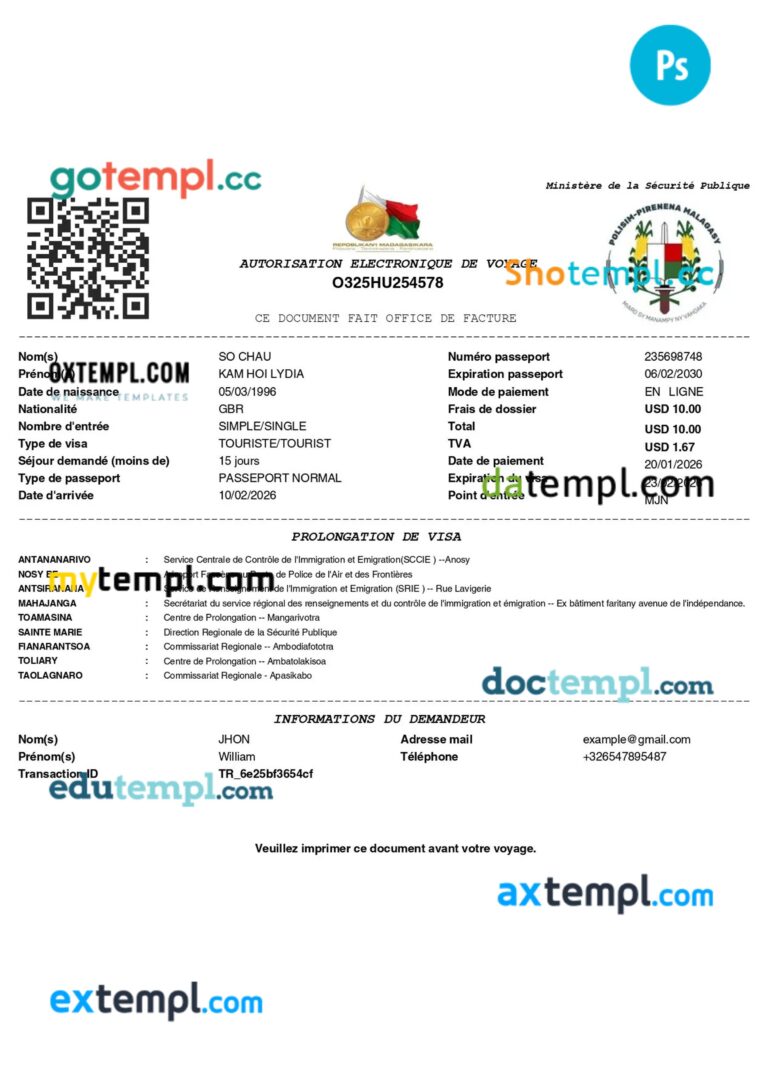 Madagascar e-visa template in PSD format, 2026-present