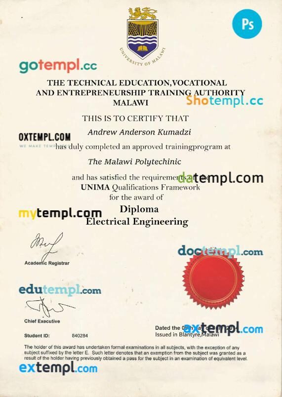 Malawi University of Malawi diploma template in PSD format