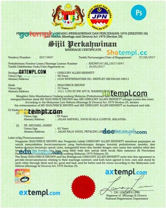 Malaysia National Registration Department marriage certificate in PSD format