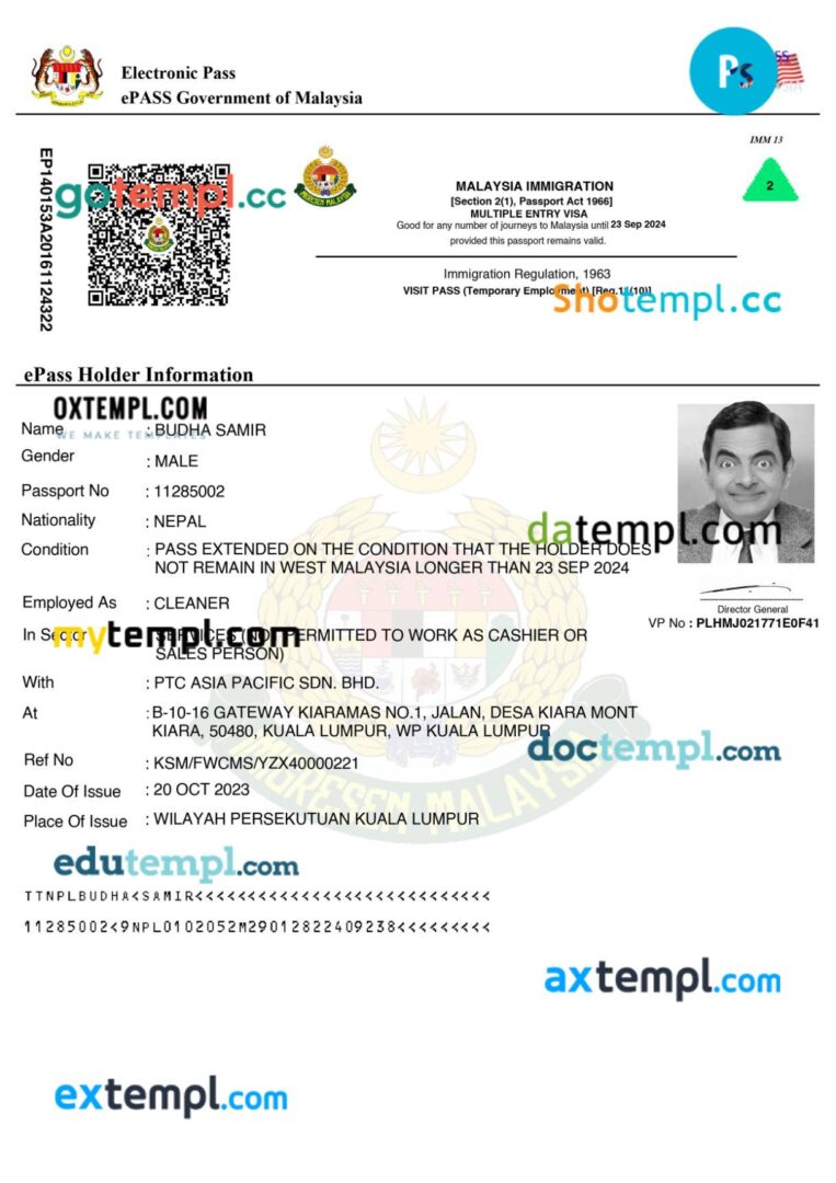 Malaysia work permit template in PSD format