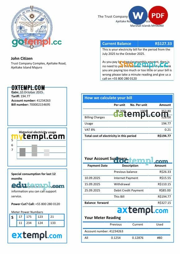 Marshall Islands electricity utility bill template in Word and PDF formats