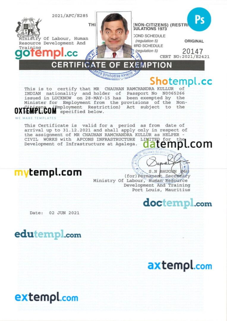 Mauritius work certificate of exemption template in PSD format