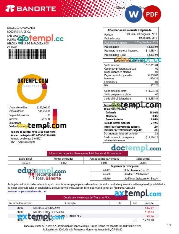 Mexico Banorte bank statement template in Word and PDF format, 3 pages