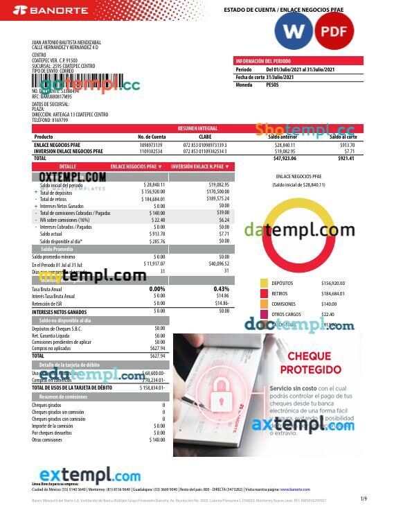 Mexico Banorte bank statement template in Word and PDF format, 9 pages