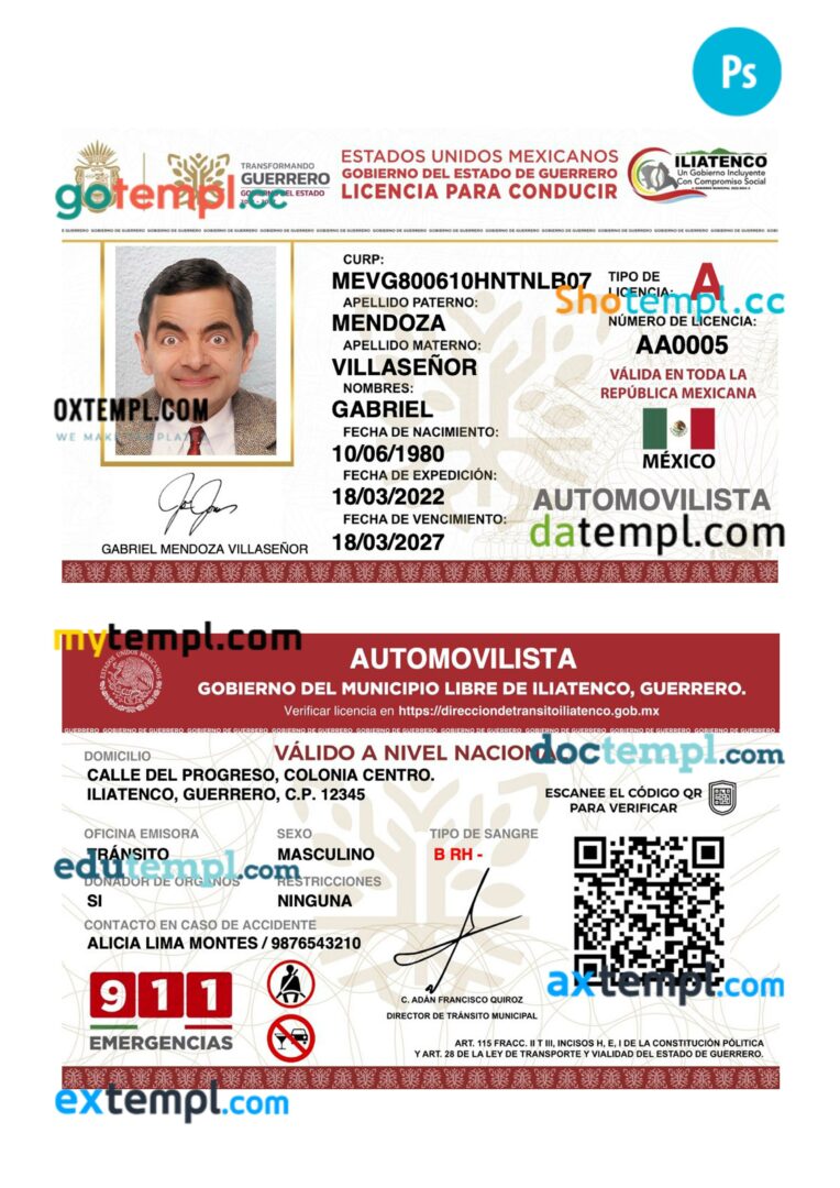 Mexico Guerrero state driving license PSD editable template