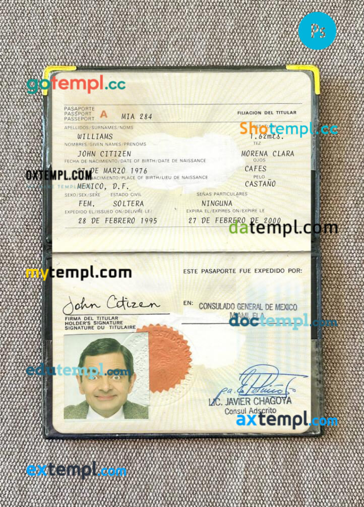 Mexico passport PSD files with address page, scan and photo-realistic look, 1995-present
