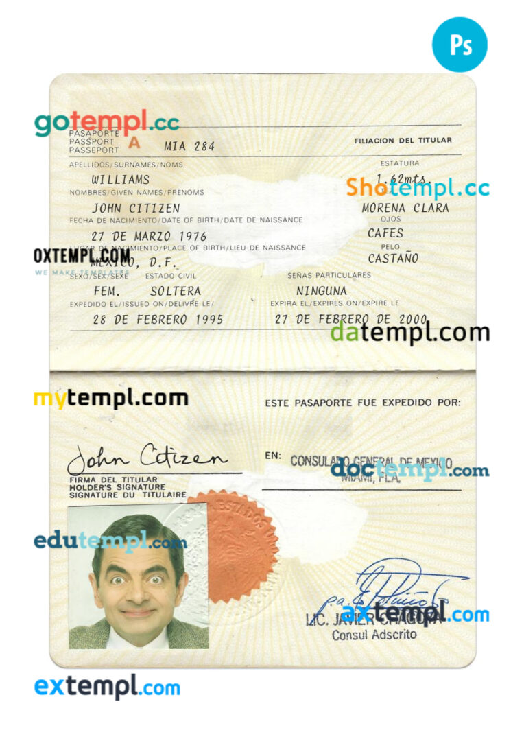 Mexico passport PSD template, 1995-present