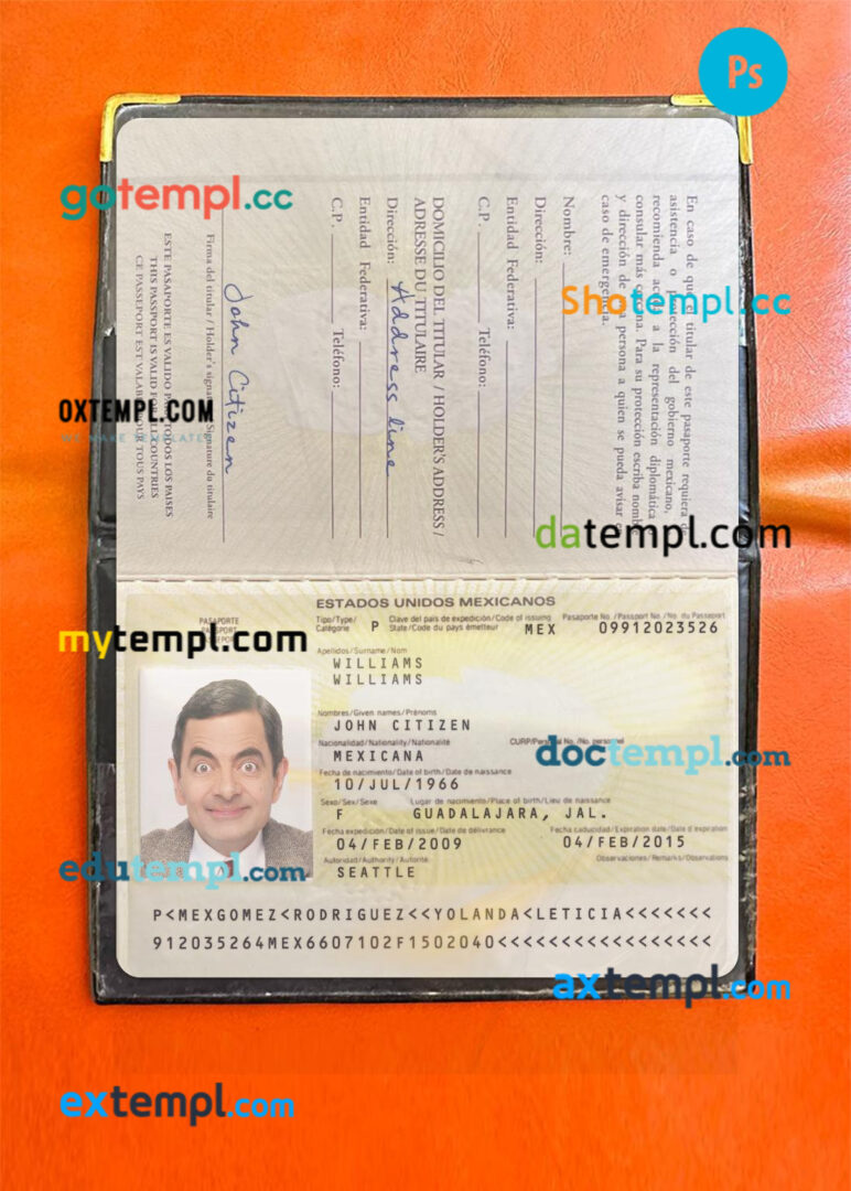 Mexico passport PSD files with address page, scan and photo-realistic look, 2009-present