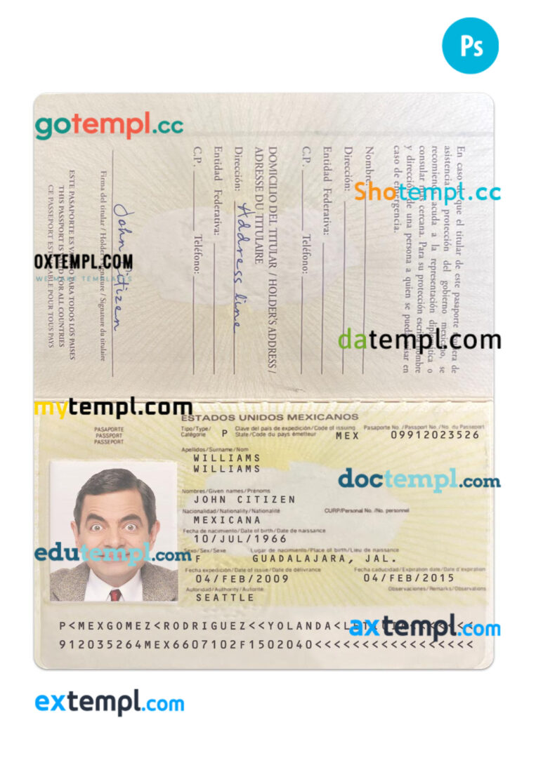 Mexico passport PSD template, 2009-present
