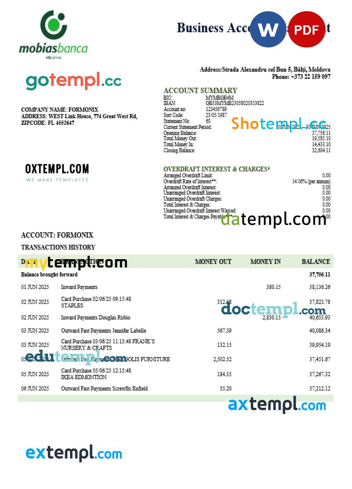 MobiasBanca organization checking account statement Word and PDF template