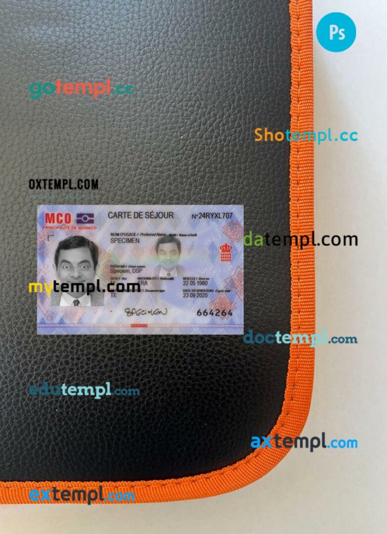 Monaco residence permit editable PSD files, scan look and photo-realistic look, 2 in 1, 2024-present