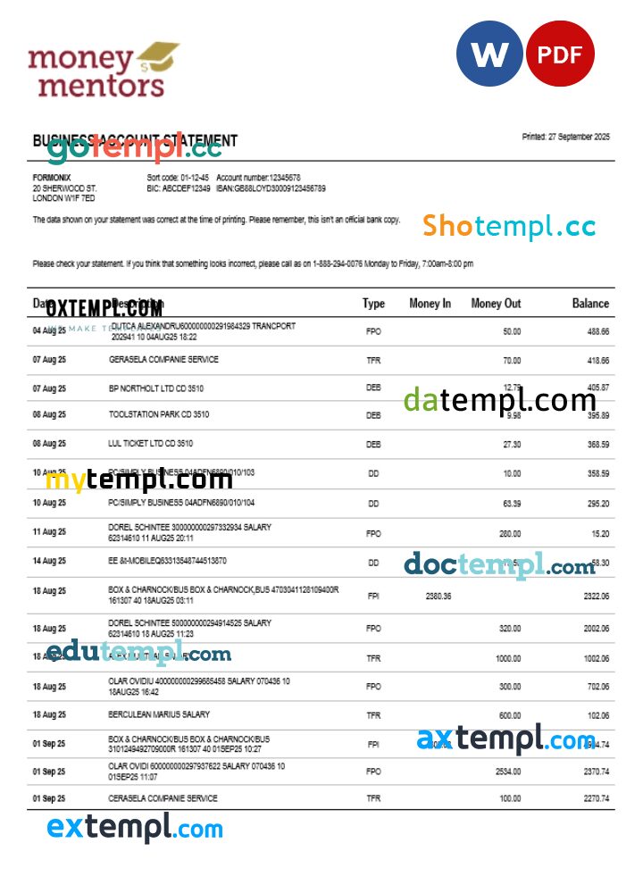 Money Mentors company checking account statement Word and PDF template