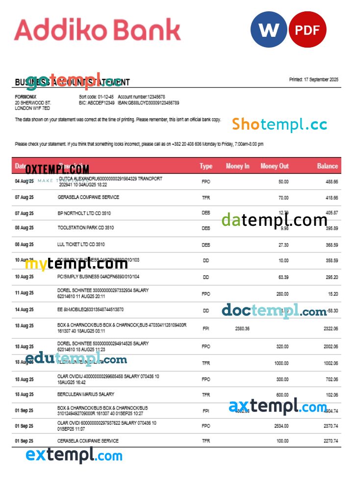 Montenegro Addiko enterprise account statement Word and PDF template