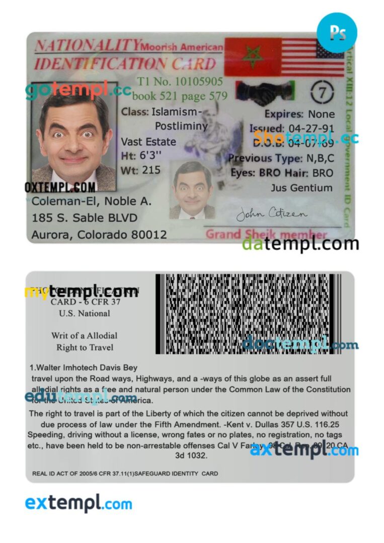 Moorish American identification card PSD template