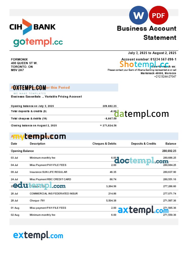 Morocco CIH business account statement Word and PDF template