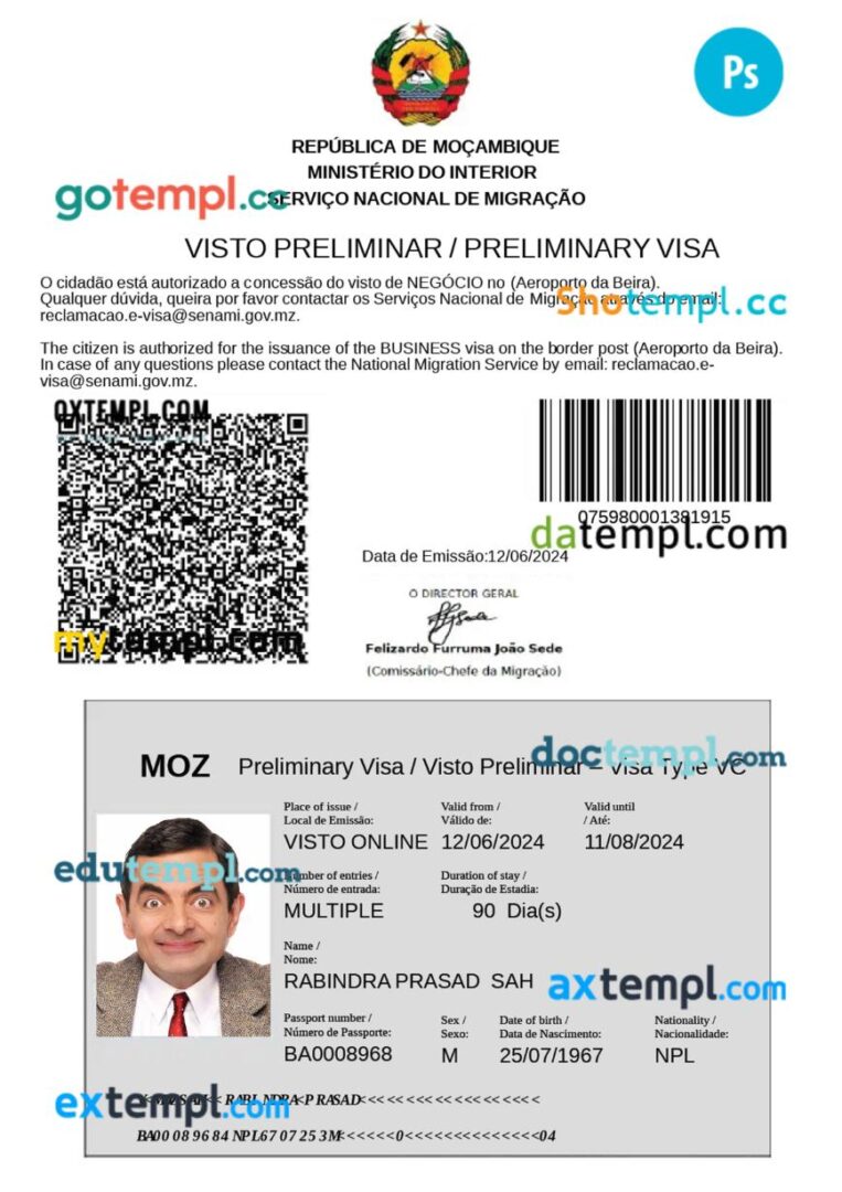 Mozambique work visa permit template in PSD format