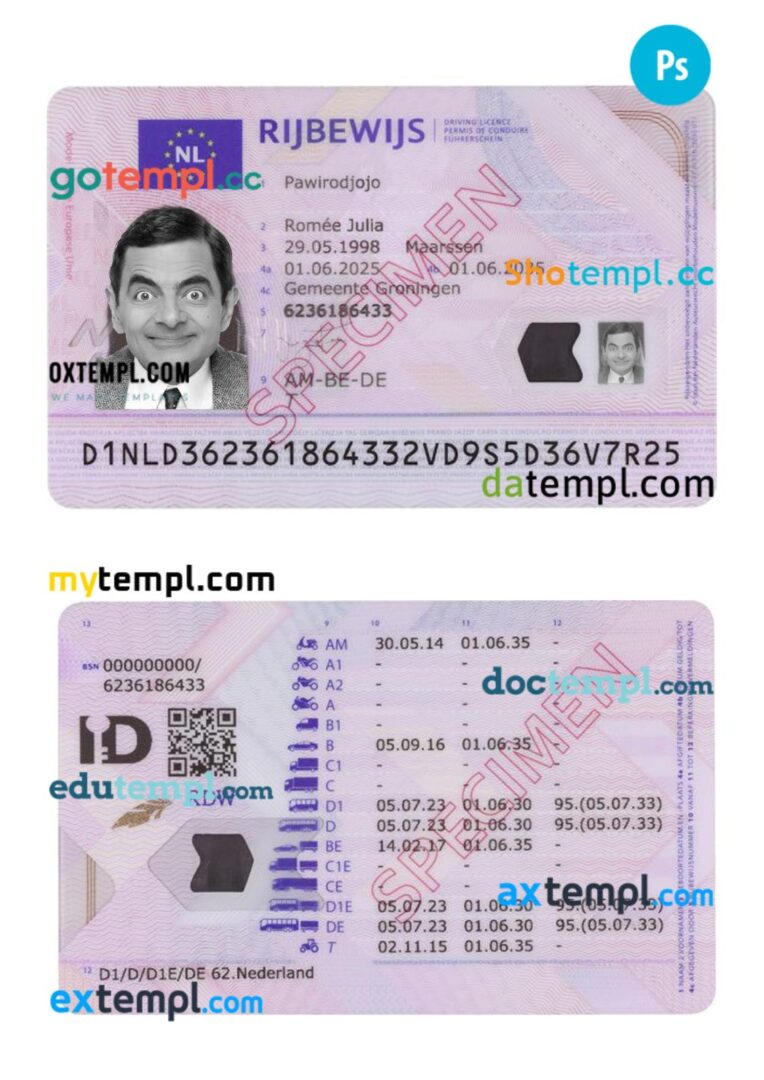 Netherlands driving license PSD editable template, 2025-present