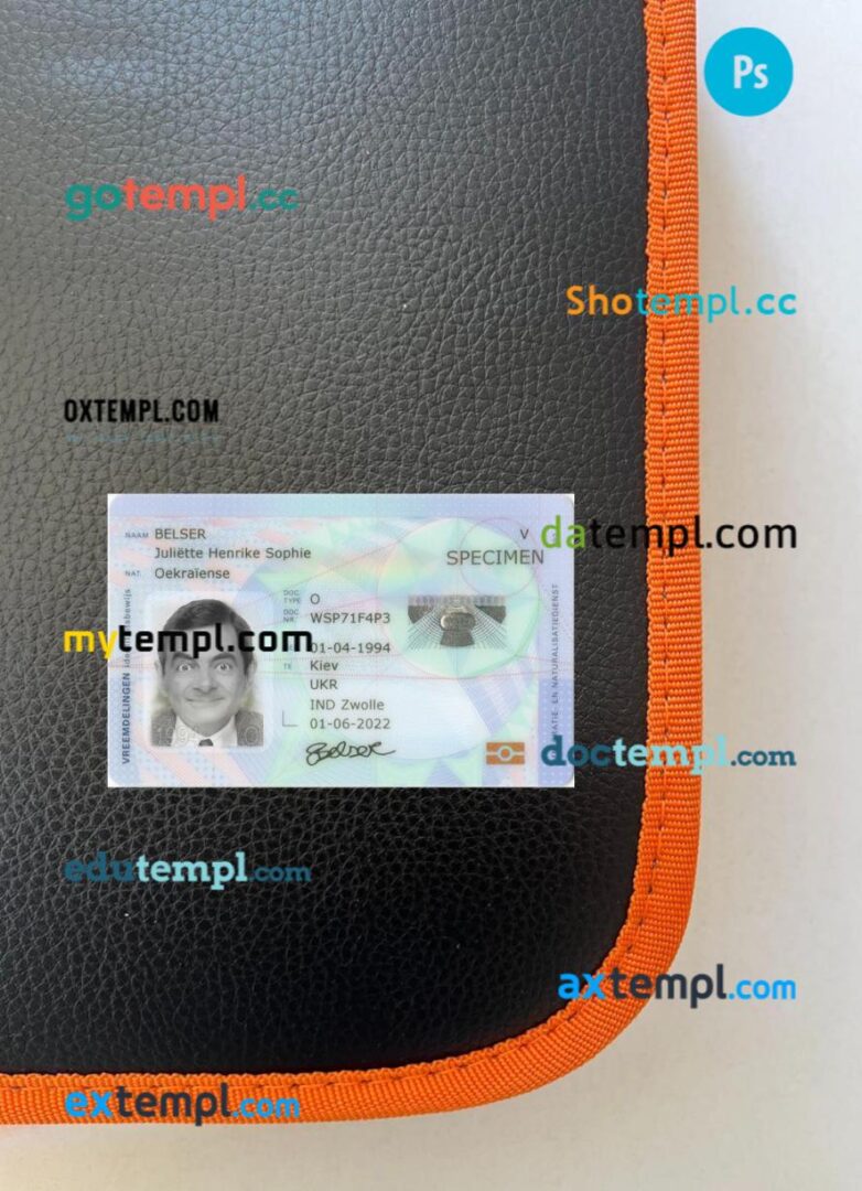 Netherlands immigration and residence ID card PSD files, scan look and photo-realistic look, 2 in 1
