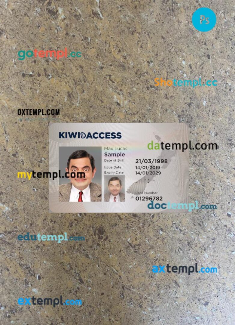 New Zealand Kiwi access (proof of age) card PSD files, scan and photo taken image, 2 in 1