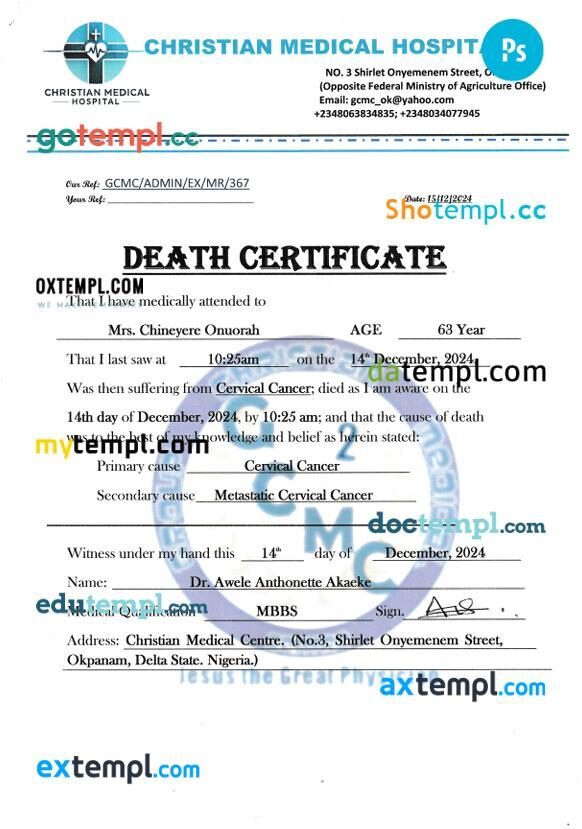 Nigeria Christian Medical Hospital birth certificate in PSD format