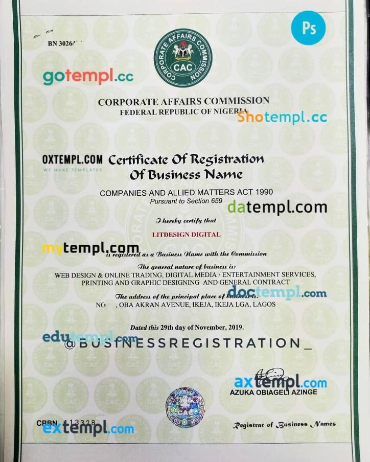 Nigeria Corporate Affairs Commission business certificate PSD template