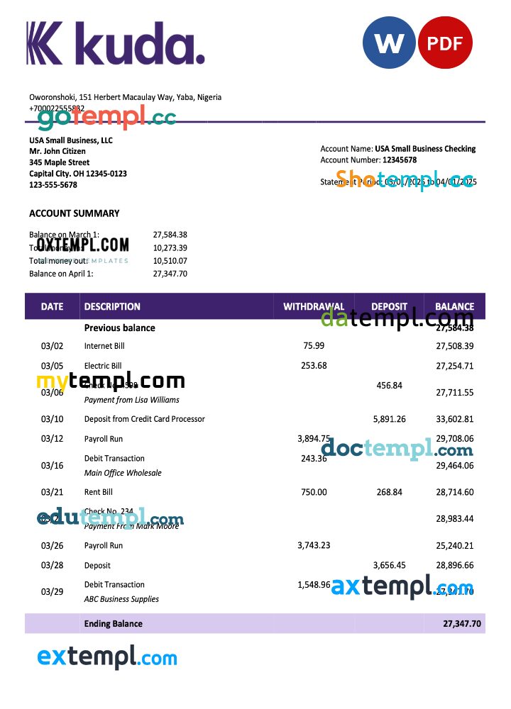 Nigeria KudaBank organization account statement Word and PDF template