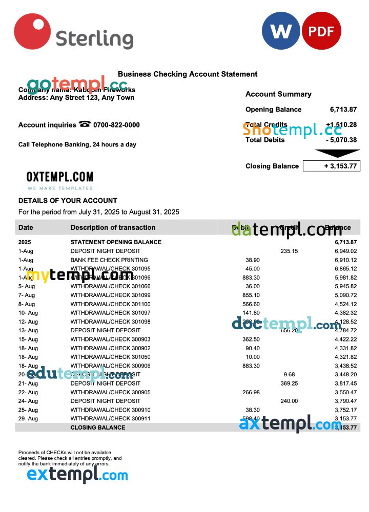 Nigeria Sterling bank corporate account statement Word and PDF template
